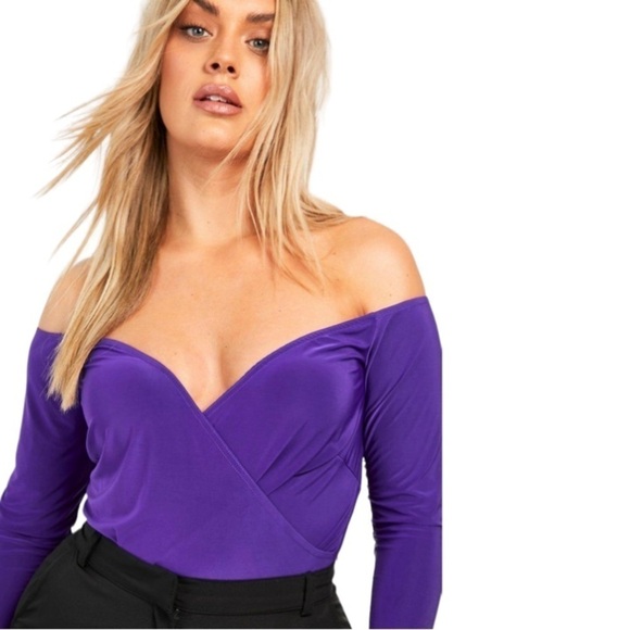 Women’s Plus Size Faux Wrap Long Sleeves Purple Top Off Shoulder Sz 22 - Picture 6 of 6